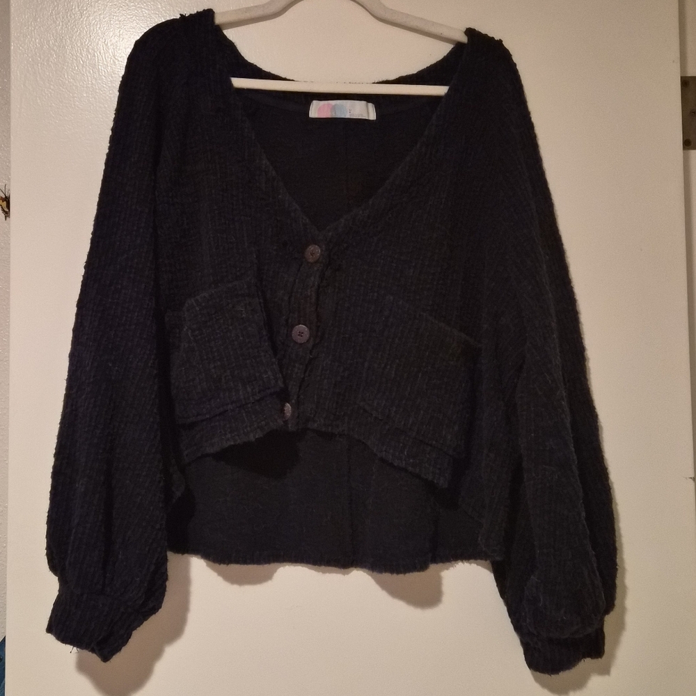 Free People Cropped Sweater Cardi And Shorts Set Dark Blue Size Large